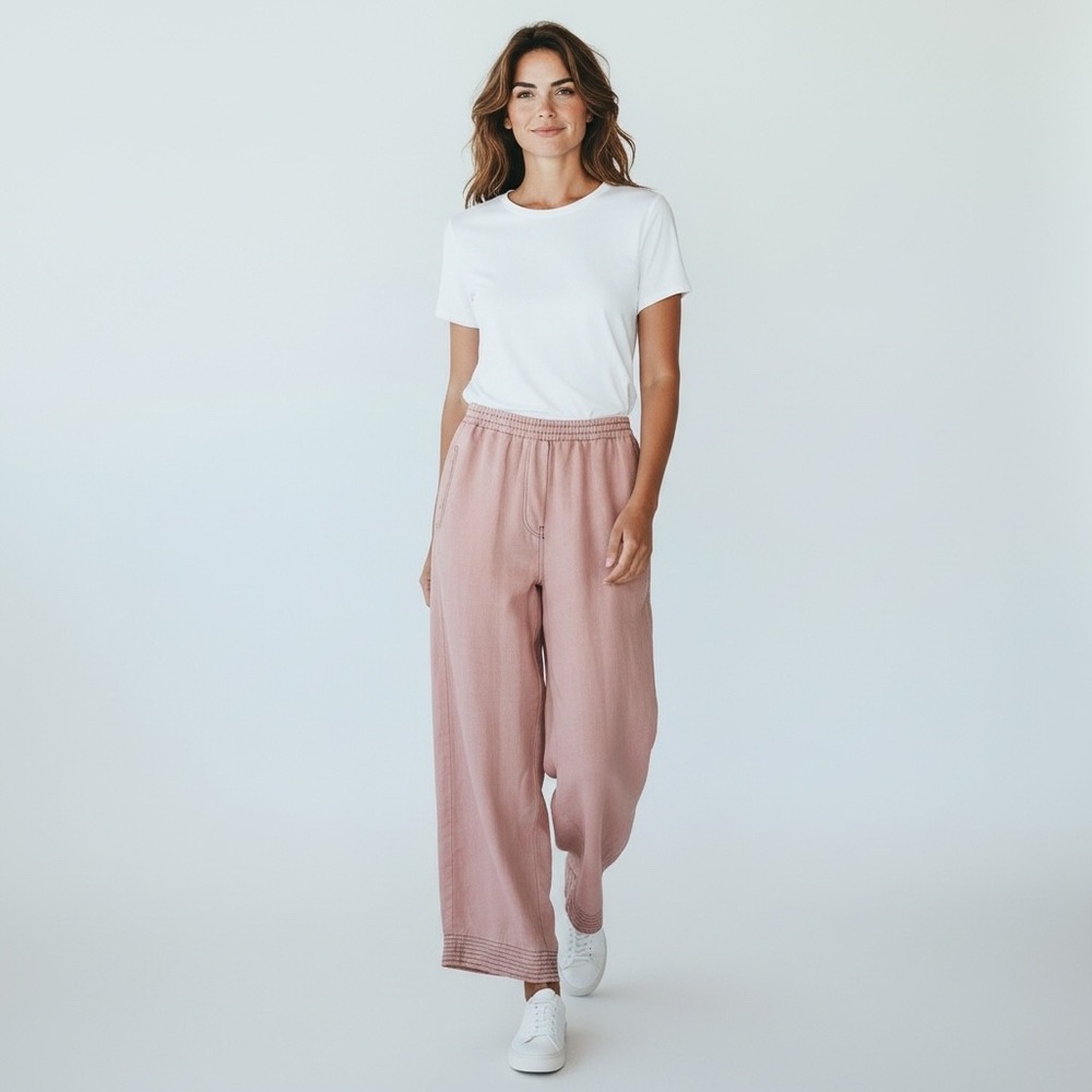 Zara Pink Linen Blend Wide Leg Pants Elastic Waist Stitch Detail Size M